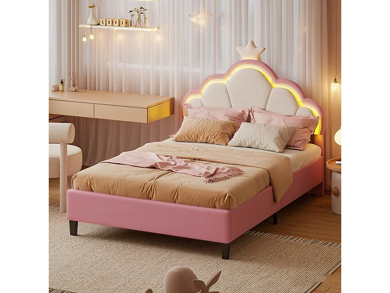 Lit double 140x200cm avec éclairage LED - tête de lit en forme de nuage, hauteur réglable - velours - rose