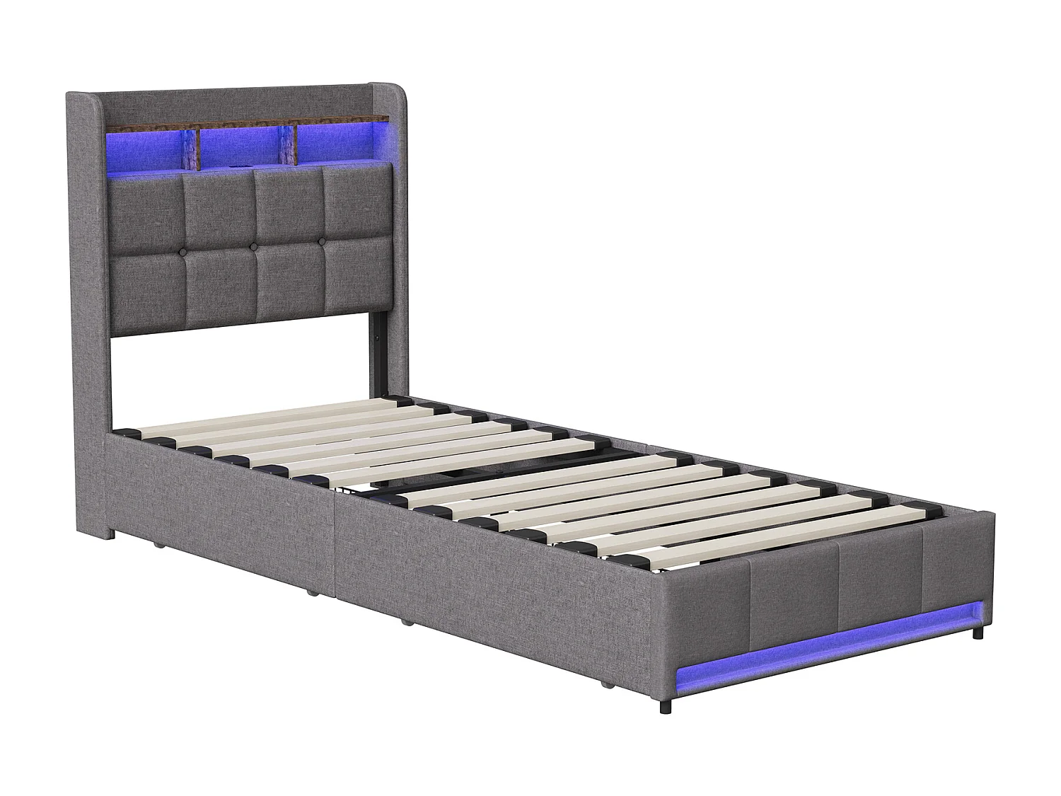 Lit simple 90x200 cm, avec interface USB/Type-C, éclairage LED, 2 tiroirs, tête de lit avec rangement, lin, gris