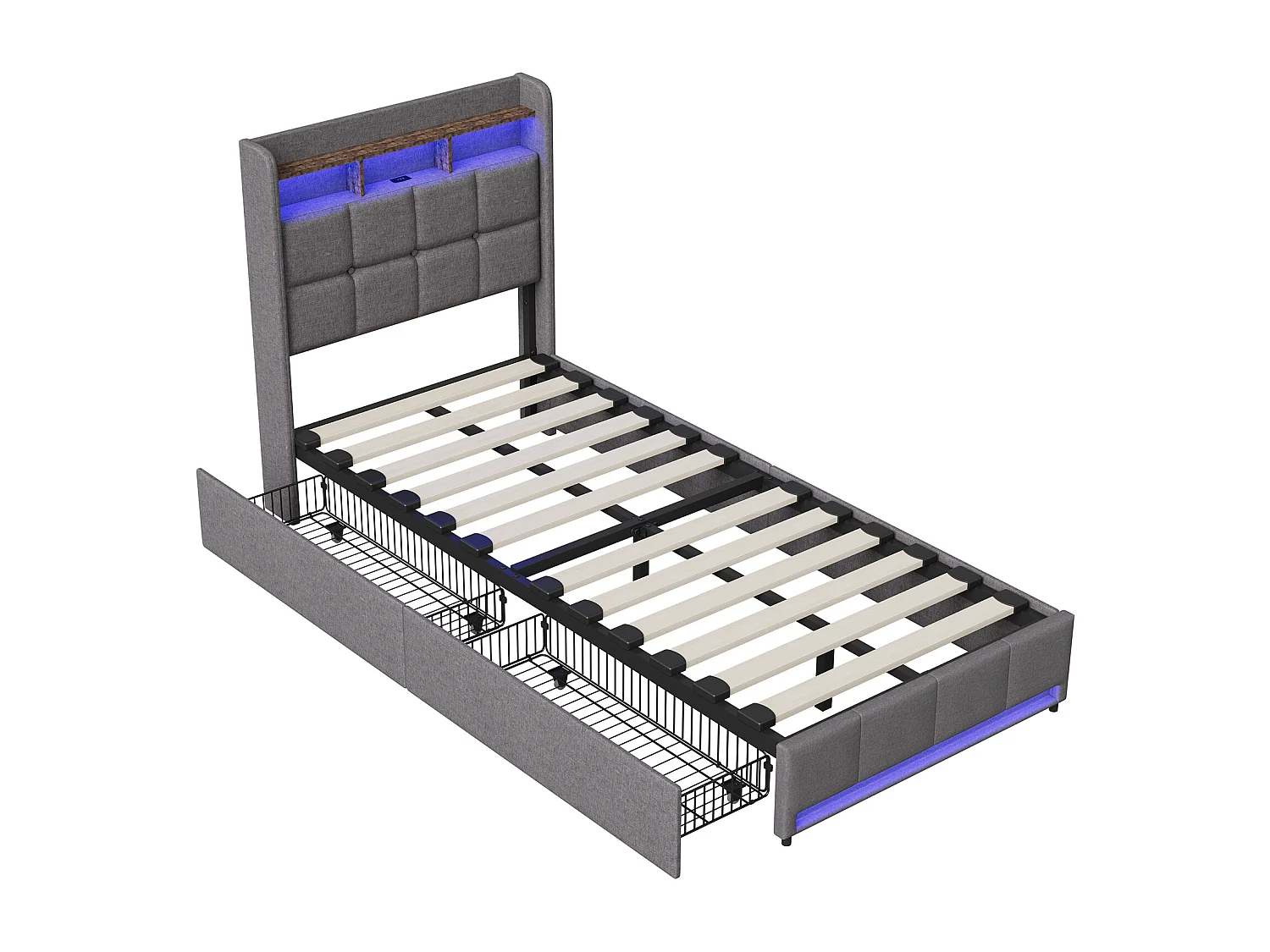 Lit simple 90x200 cm, avec interface USB/Type-C, éclairage LED, 2 tiroirs, tête de lit avec rangement, lin, gris