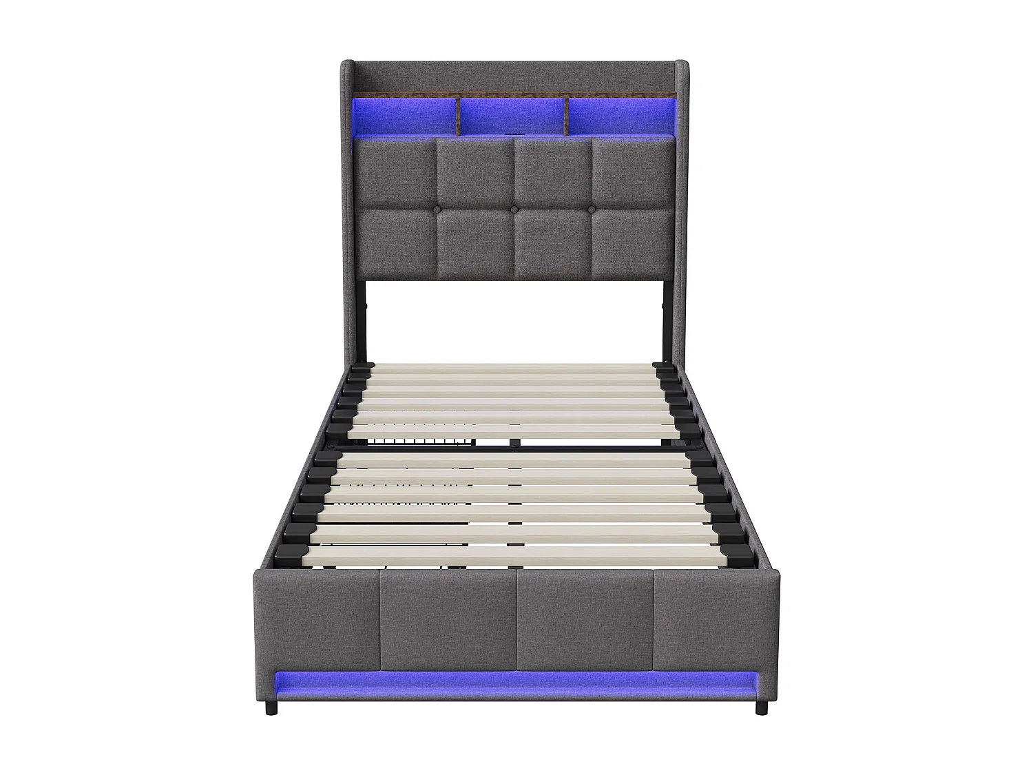 Lit simple 90x200 cm, avec interface USB/Type-C, éclairage LED, 2 tiroirs, tête de lit avec rangement, lin, gris