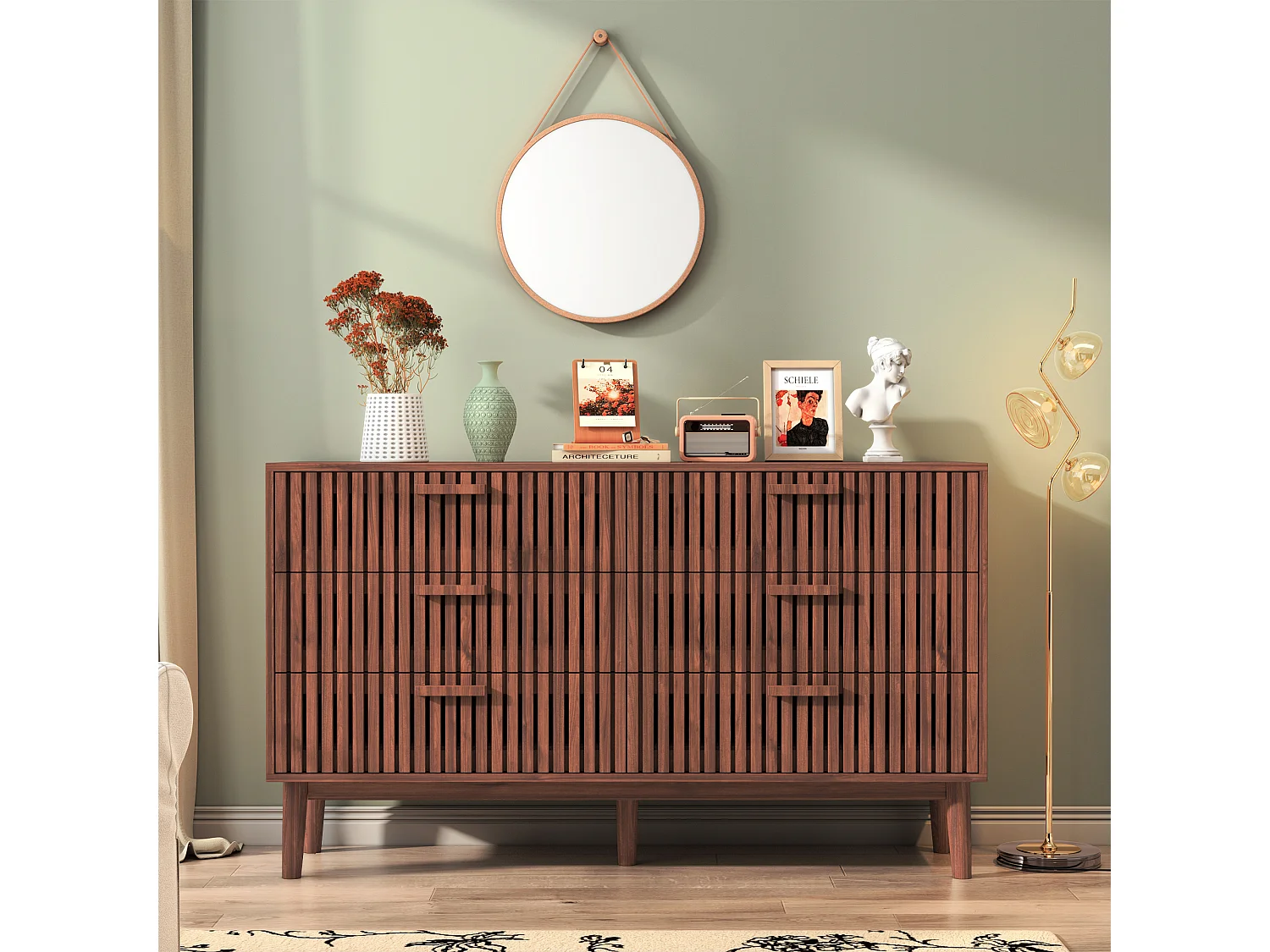 Commode à 6 tiroirs, meuble de chambre, meuble de rangement, convient pour la chambre ou le salon, bois, 100 x 34 x 73 cm
