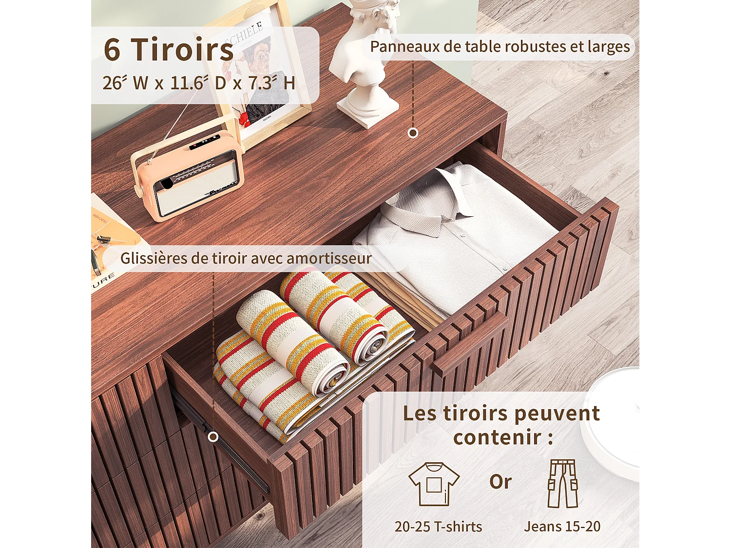 Commode à 6 tiroirs, meuble de chambre, meuble de rangement, convient pour la chambre ou le salon, bois, 100 x 34 x 73 cm