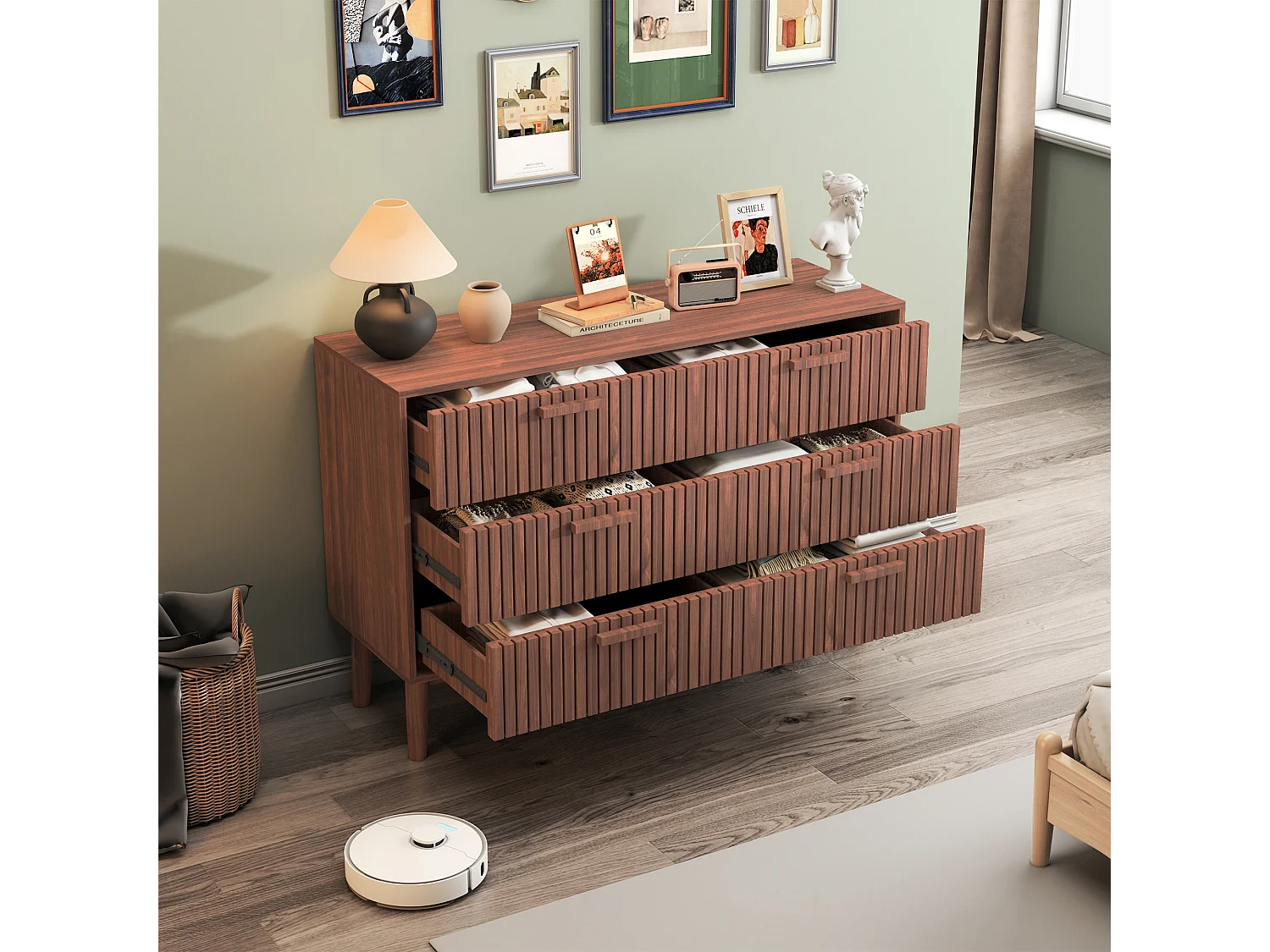 Commode à 6 tiroirs, meuble de chambre, meuble de rangement, convient pour la chambre ou le salon, bois, 100 x 34 x 73 cm