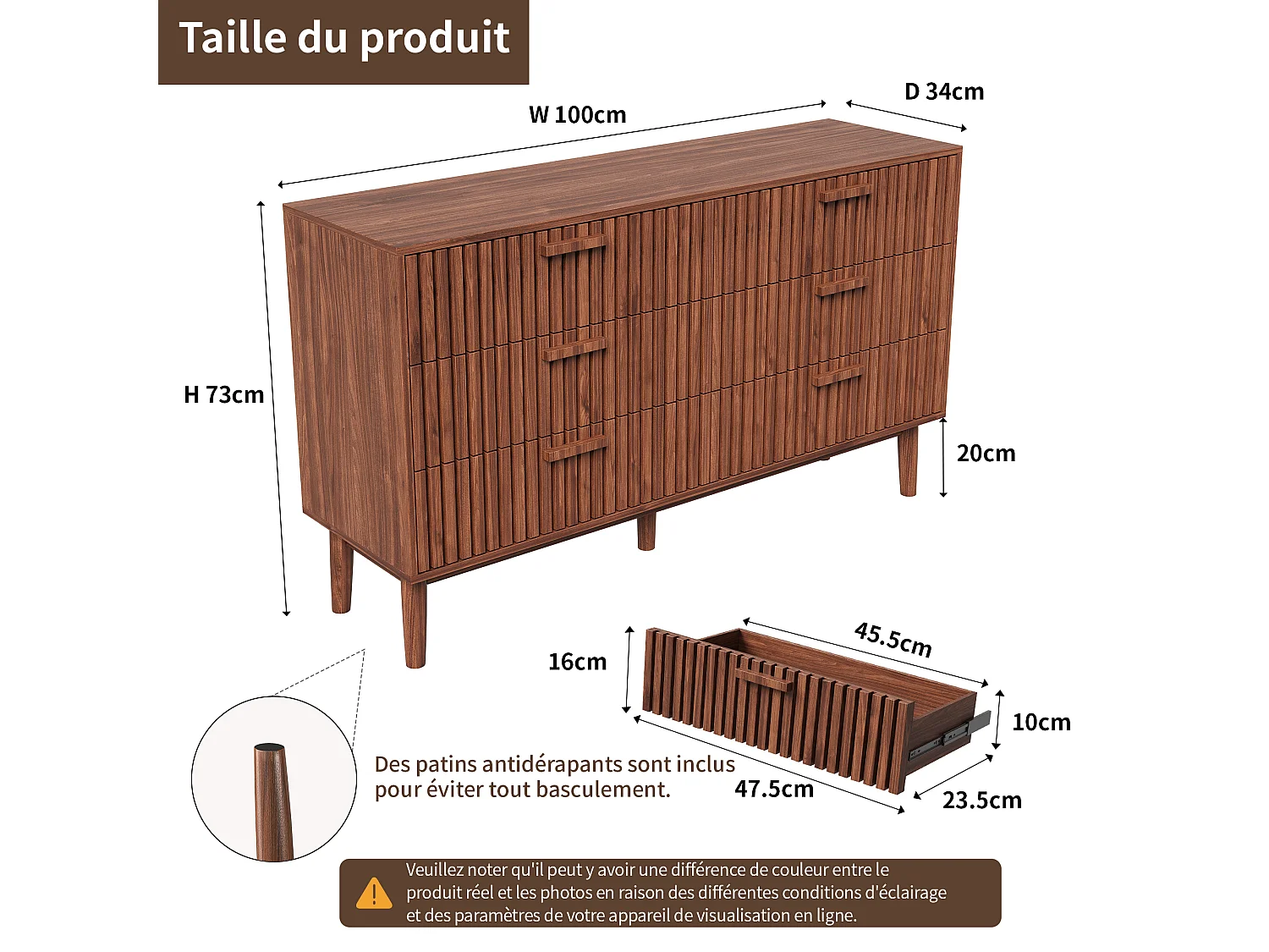 Commode à 6 tiroirs, meuble de chambre, meuble de rangement, convient pour la chambre ou le salon, bois, 100 x 34 x 73 cm