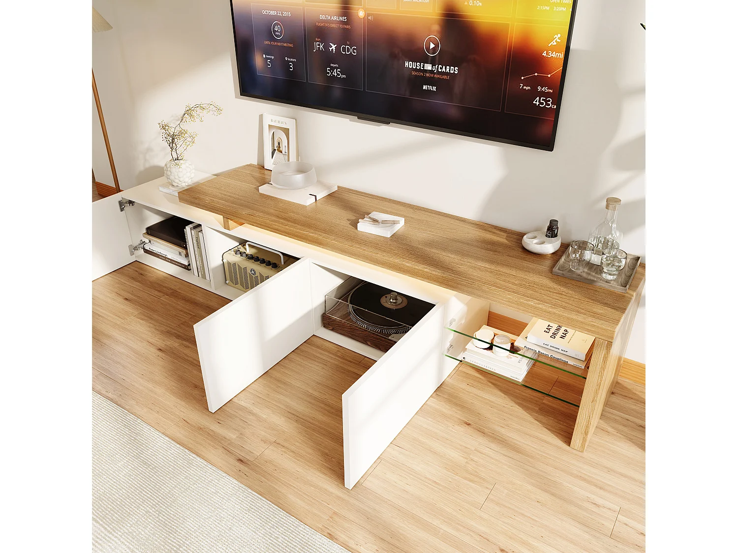 Mueble de TV con iluminación LED, mueble bajo, aparador con estante de cristal, blanco, 200 x 39 x 42 cm