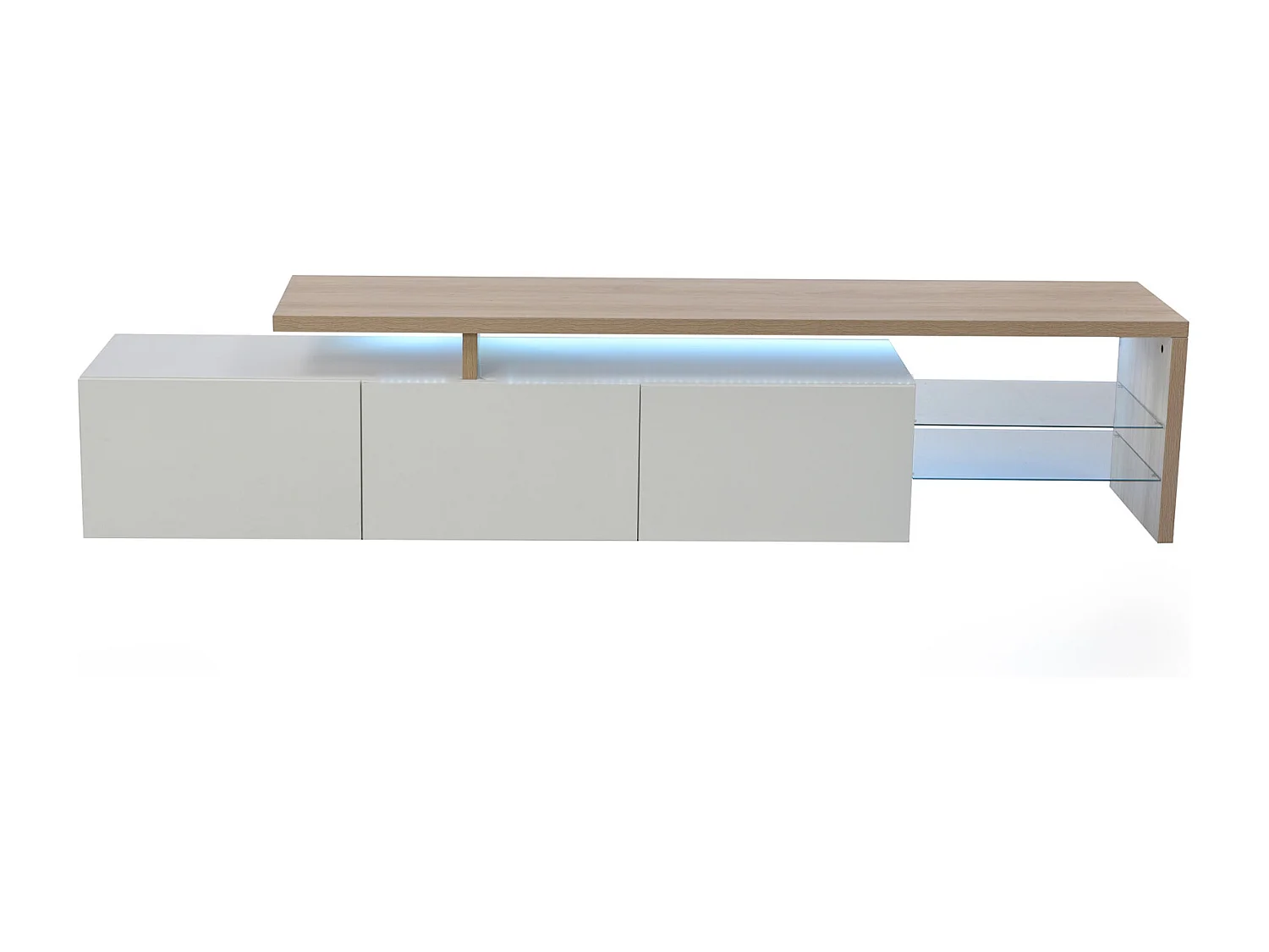 Mueble de TV con iluminación LED, mueble bajo, aparador con estante de cristal, blanco, 200 x 39 x 42 cm