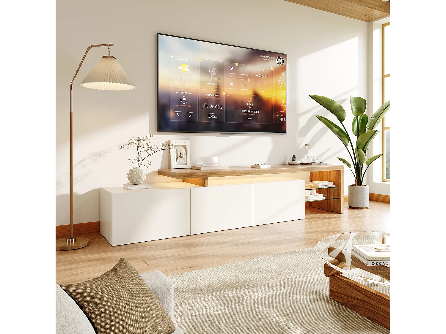 Tv-meubel met ledverlichting, laag kastje, dressoir met glazen plank, wit, 200 x 39 x 42 cm