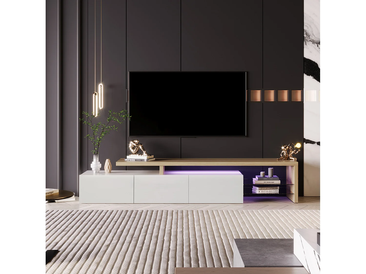Mobile TV con illuminazione a LED, mobile basso, credenza con ripiano in vetro, bianco, 200 x 39 x 42 cm
