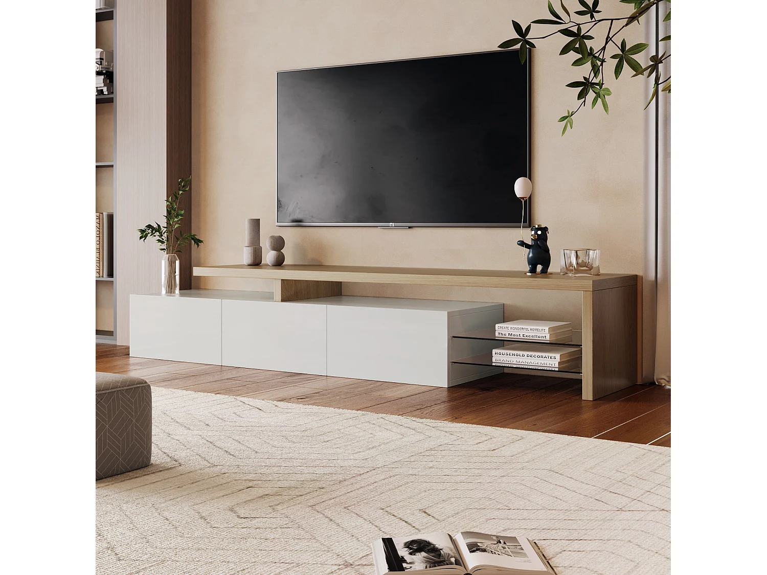 Mobile TV con illuminazione a LED, mobile basso, credenza con ripiano in vetro, bianco, 200 x 39 x 42 cm