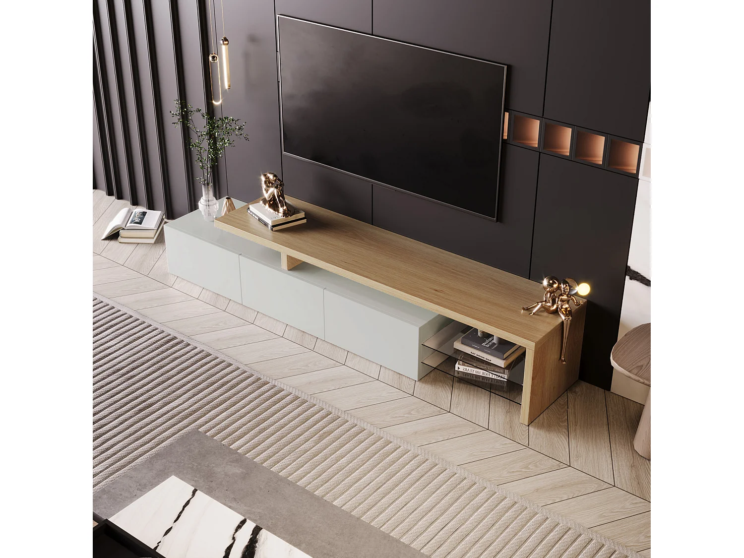 Mobile TV con illuminazione a LED, mobile basso, credenza con ripiano in vetro, bianco, 200 x 39 x 42 cm