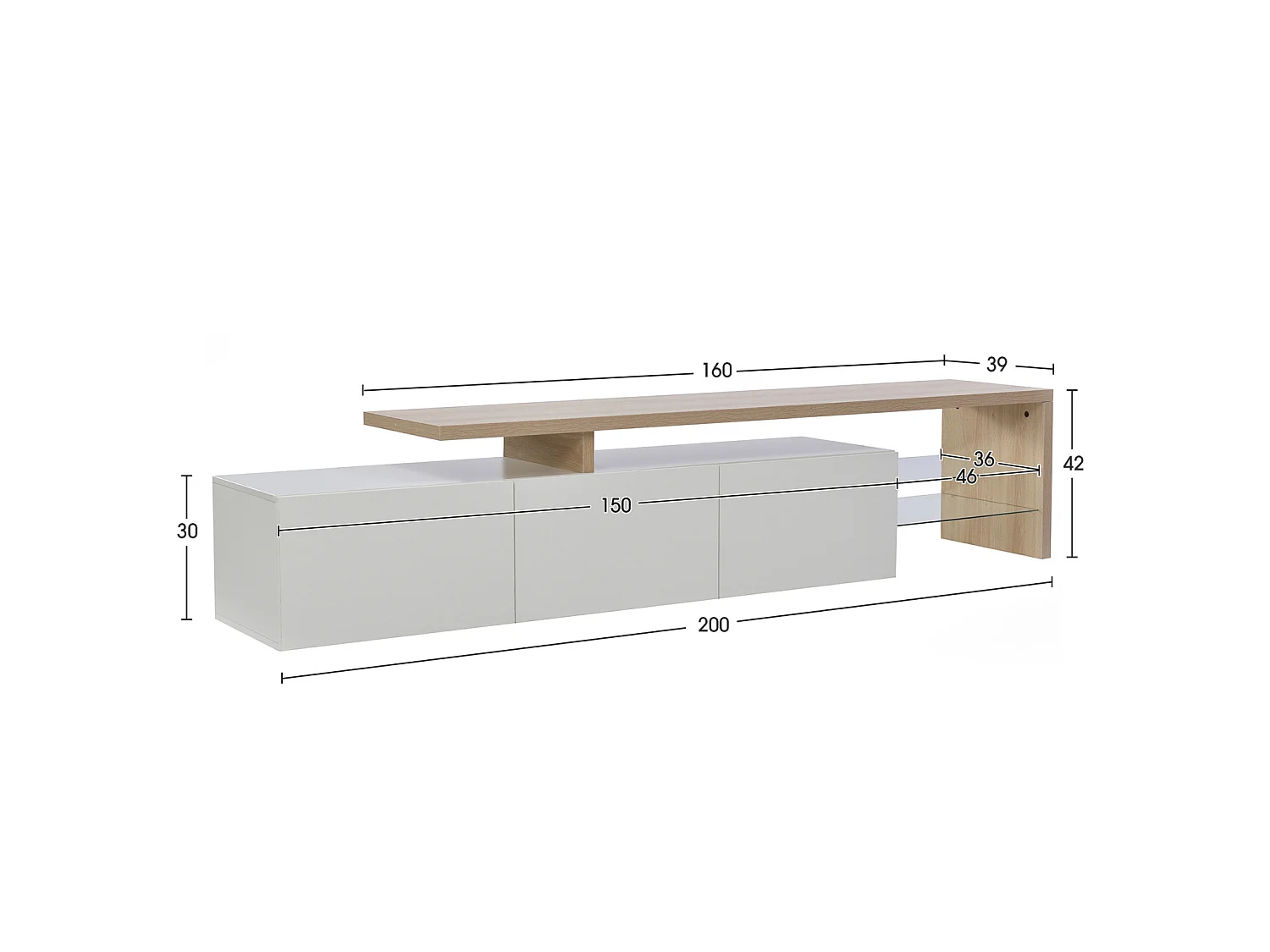 Mobile TV con illuminazione a LED, mobile basso, credenza con ripiano in vetro, bianco, 200 x 39 x 42 cm