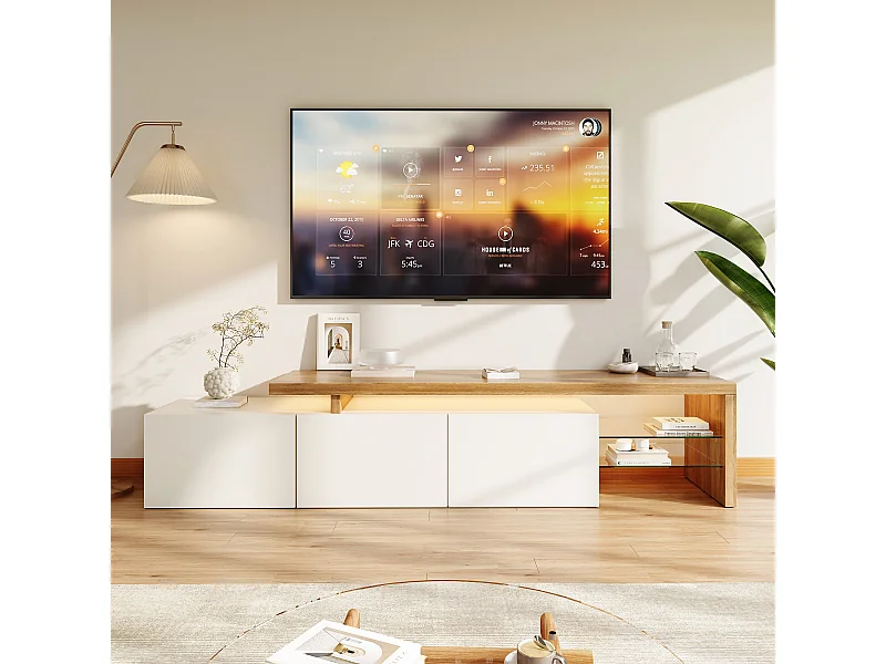 Mueble de TV con iluminación LED, mueble bajo, aparador con estante de cristal, blanco, 200 x 39 x 42 cm