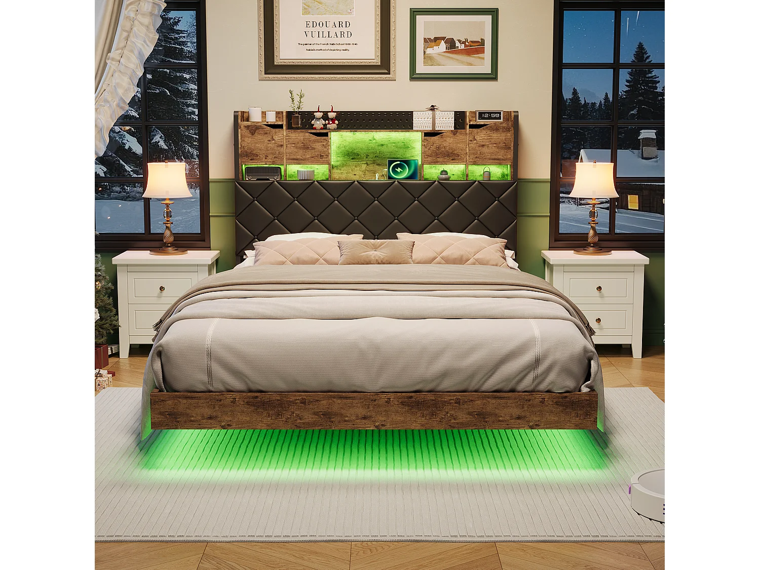 Cama flotante 160x200cm con LED y puertos USB - Cabecero con espacio de almacenaje - PU - Rayas de tigre negras