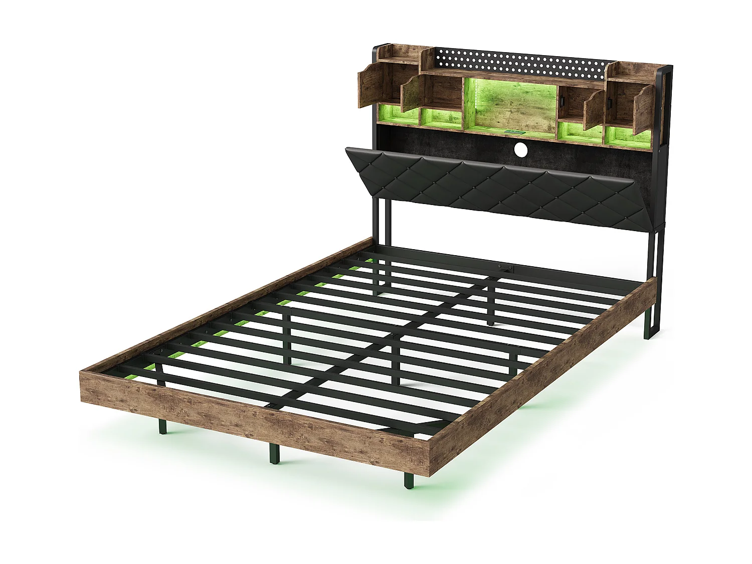 Cama flotante 160x200cm con LED y puertos USB - Cabecero con espacio de almacenaje - PU - Rayas de tigre negras