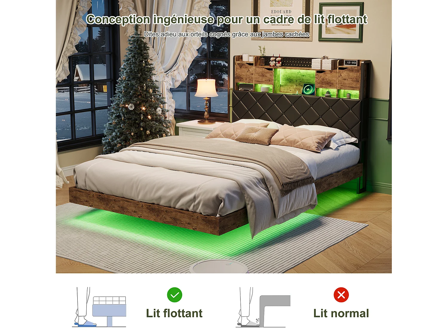 Letto sospeso 160x200cm con LED e porte USB - Testiera con vano contenitore - PU - Strisce tigrate nere