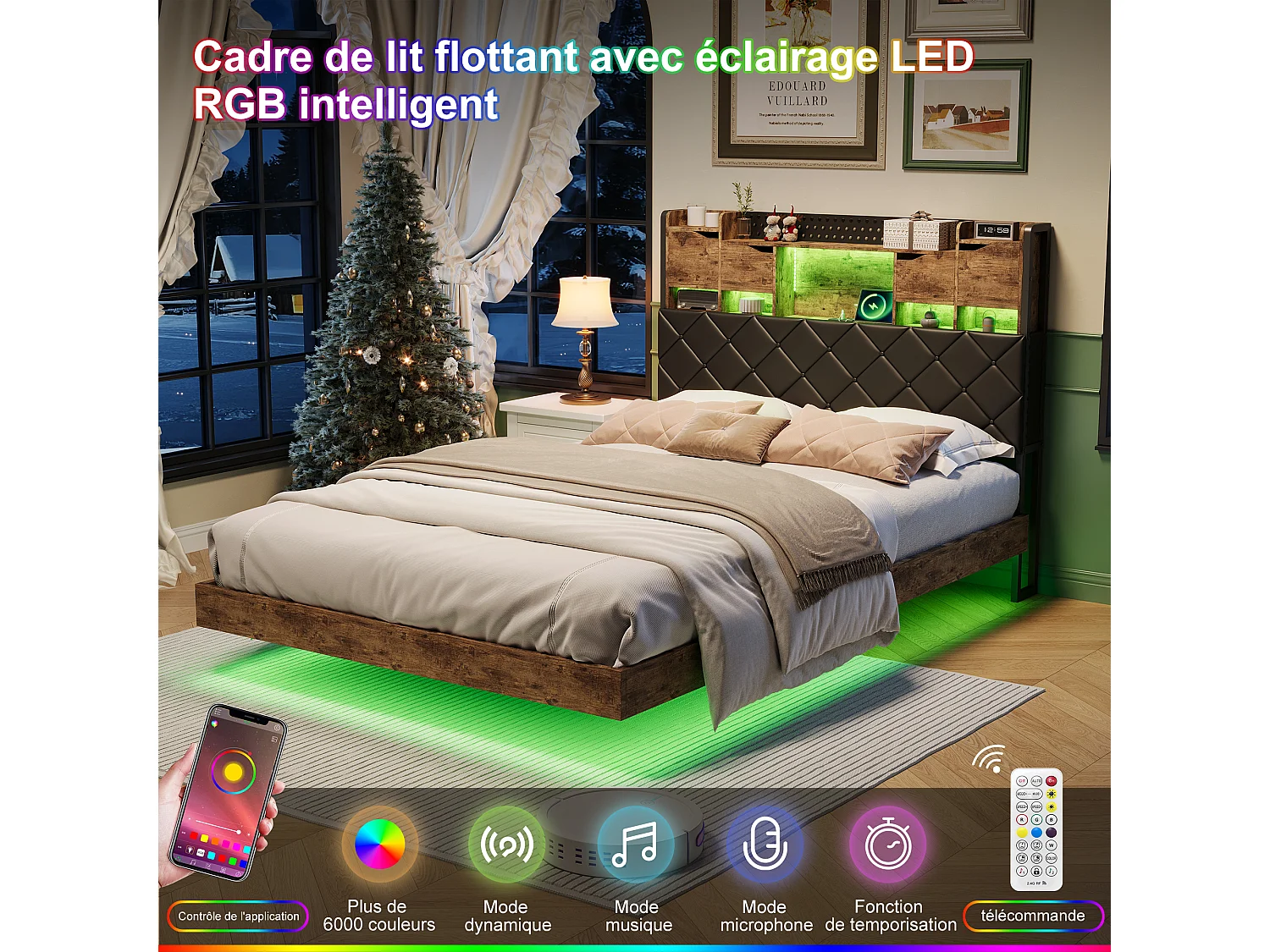 Letto sospeso 160x200cm con LED e porte USB - Testiera con vano contenitore - PU - Strisce tigrate nere