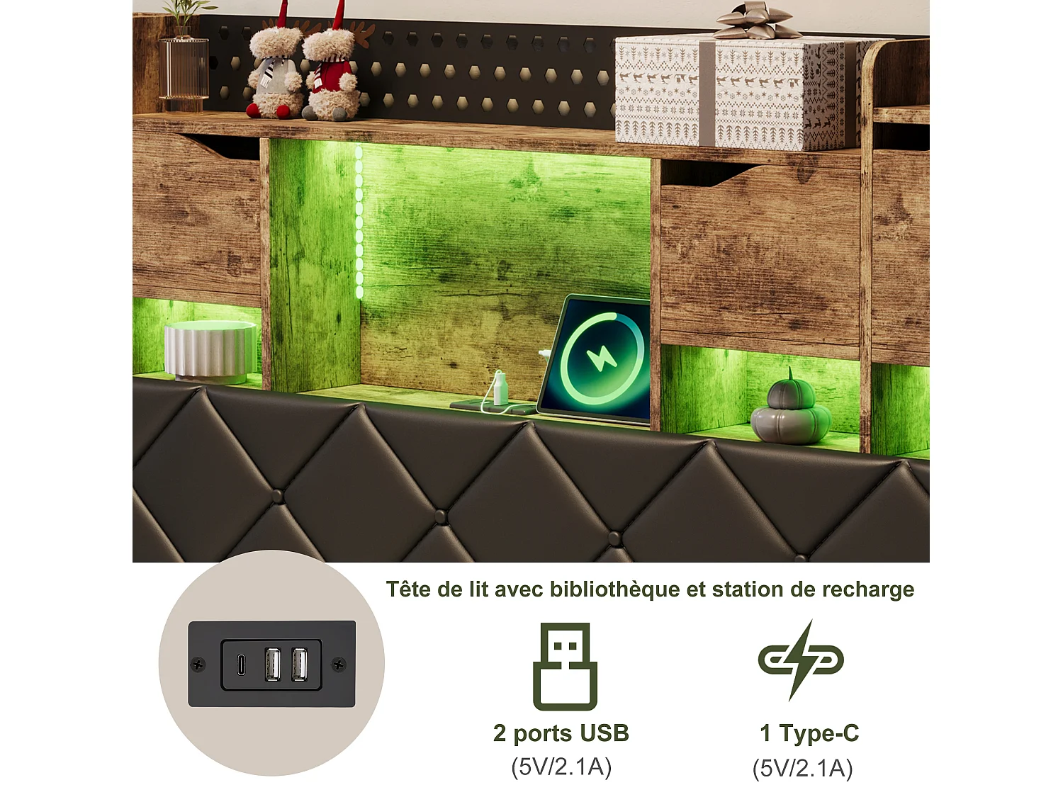 Letto sospeso 160x200cm con LED e porte USB - Testiera con vano contenitore - PU - Strisce tigrate nere