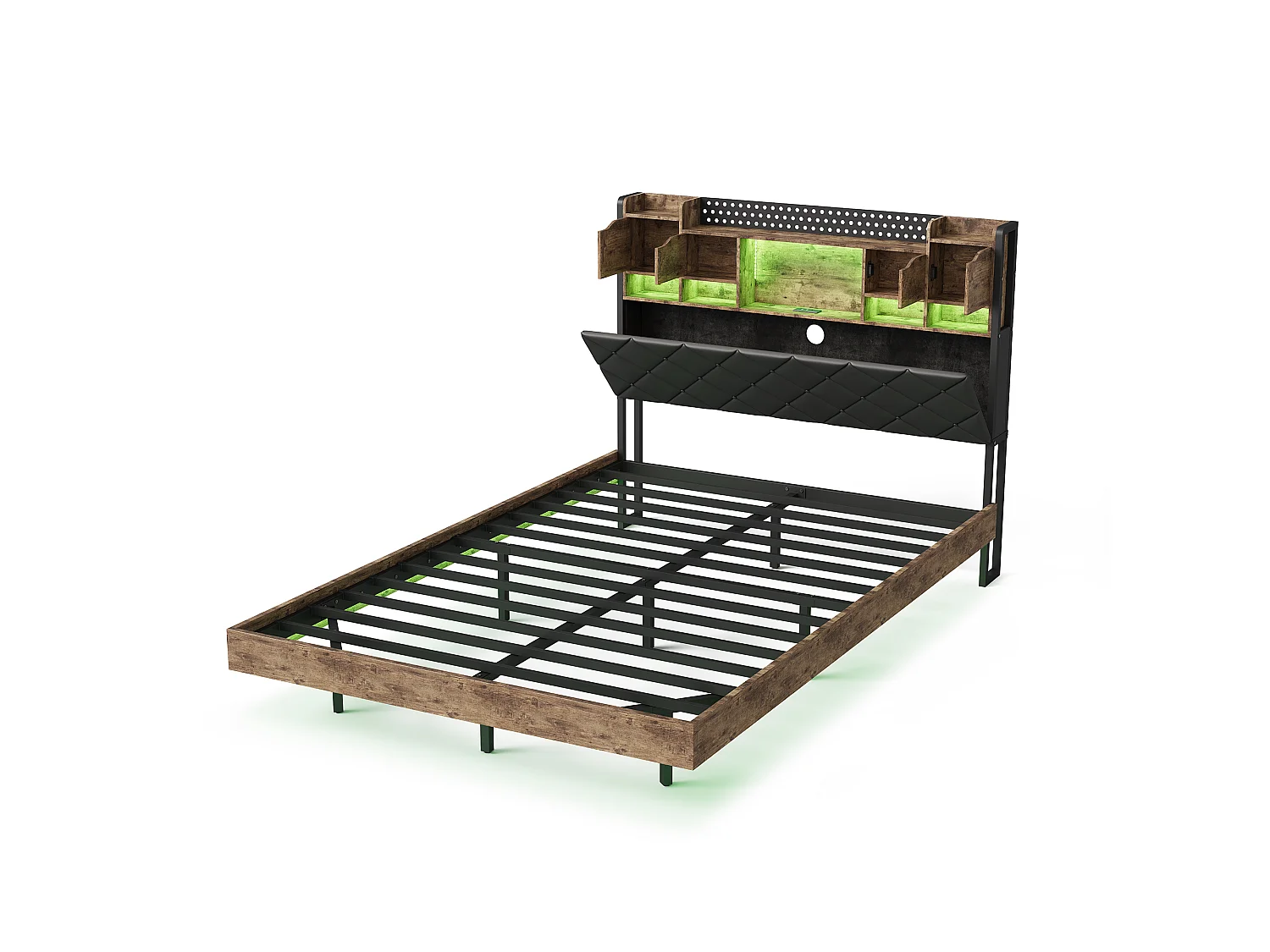 Letto sospeso 160x200cm con LED e porte USB - Testiera con vano contenitore - PU - Strisce tigrate nere