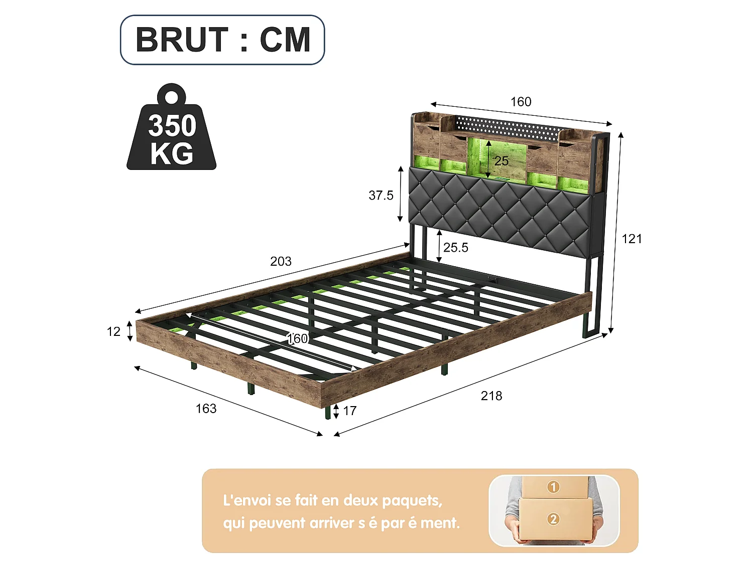 Letto sospeso 160x200cm con LED e porte USB - Testiera con vano contenitore - PU - Strisce tigrate nere