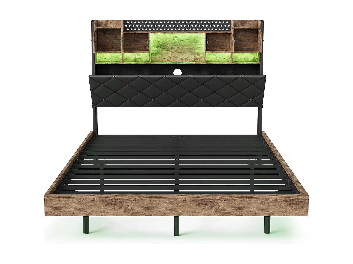 Cama flotante 140x200cm con LED y puertos USB - Cabecero con espacio de almacenaje - PU - Rayas de tigre negras