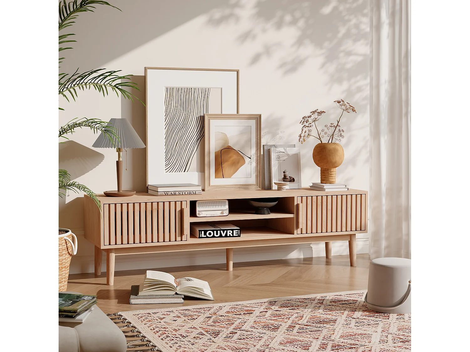 Meuble TV avec 2 placards et étagères ouvertes, meuble TV en bois, meuble TV pour salon, 150 x 40 x 48 cm