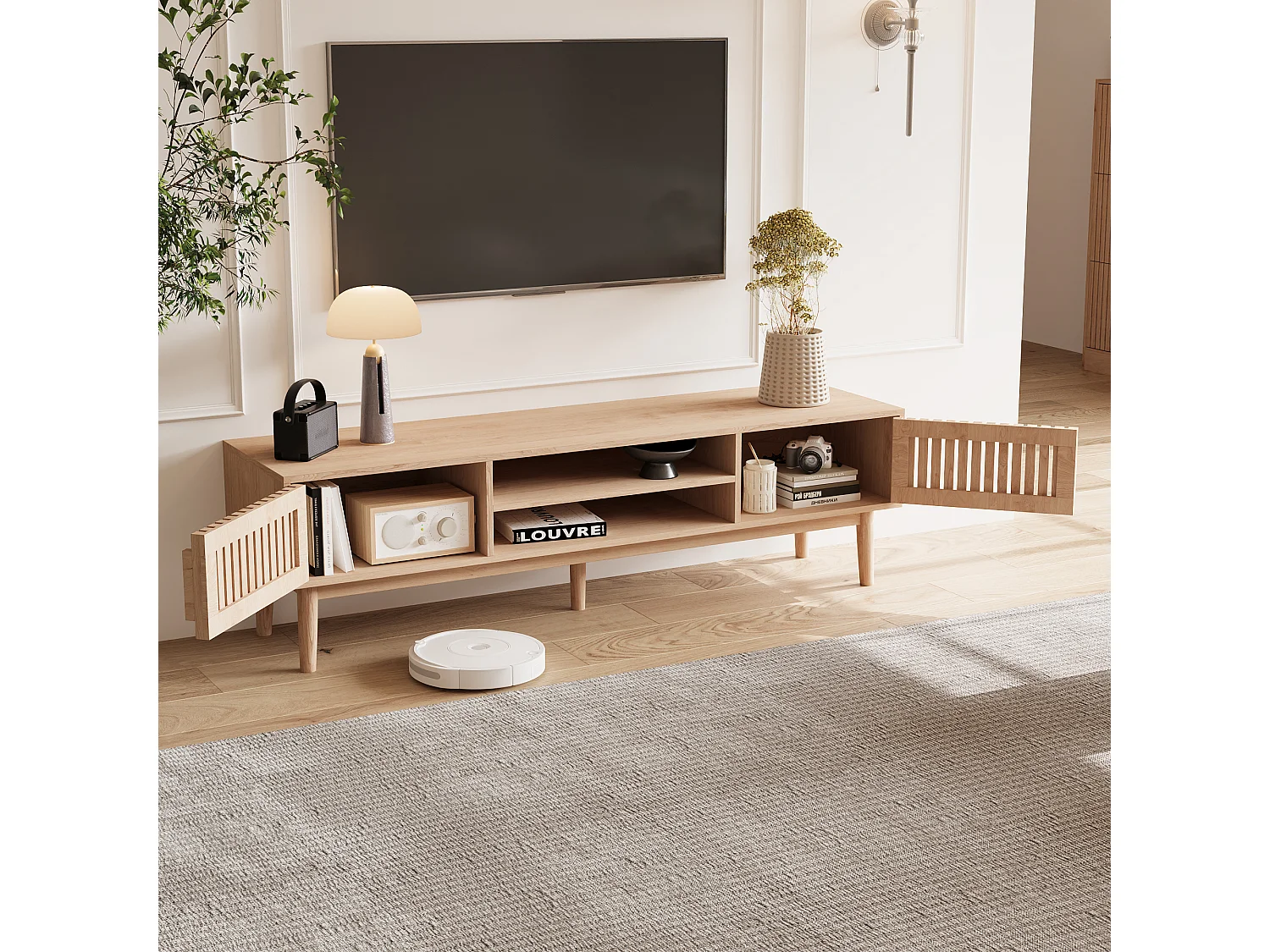 Meuble TV avec 2 placards et étagères ouvertes, meuble TV en bois, meuble TV pour salon, 150 x 40 x 48 cm