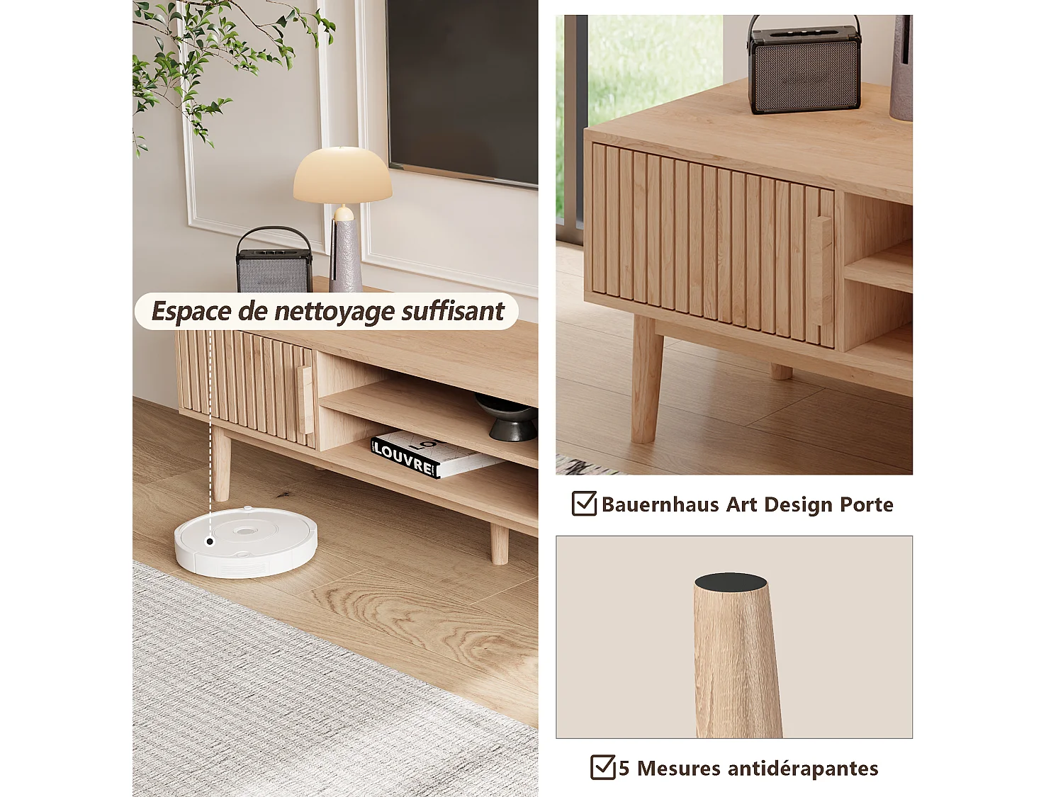 Meuble TV avec 2 placards et étagères ouvertes, meuble TV en bois, meuble TV pour salon, 150 x 40 x 48 cm