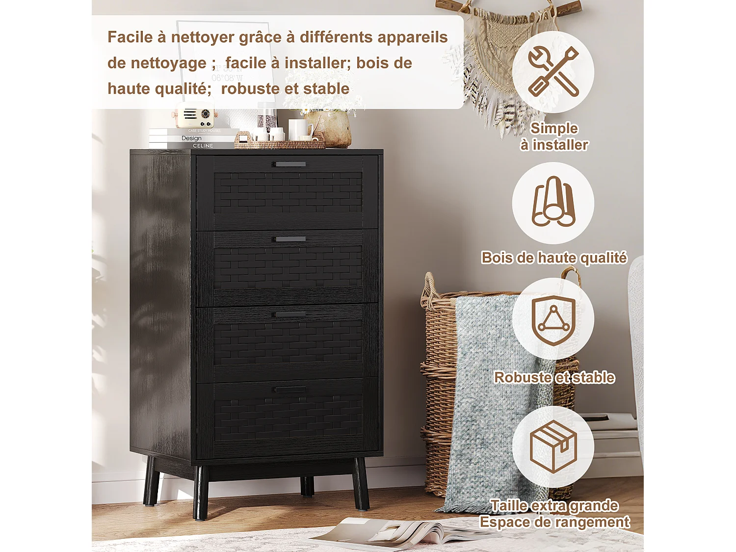 Commode en osier à 4 tiroirs - avec poignées et pieds - 55 x 39,8 x 95 cm - meuble de rangement - noir