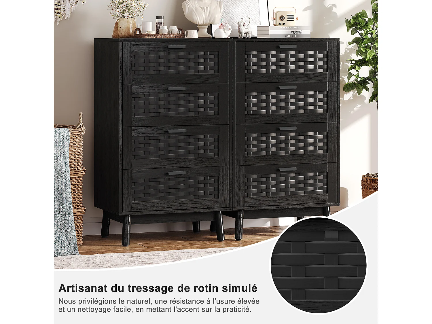 Commode en osier à 4 tiroirs - avec poignées et pieds - 55 x 39,8 x 95 cm - meuble de rangement - noir