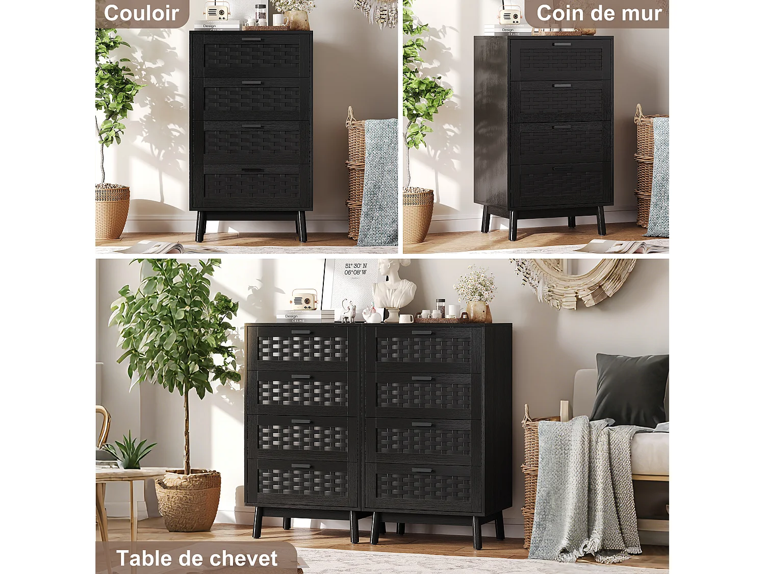 Commode en osier à 4 tiroirs - avec poignées et pieds - 55 x 39,8 x 95 cm - meuble de rangement - noir