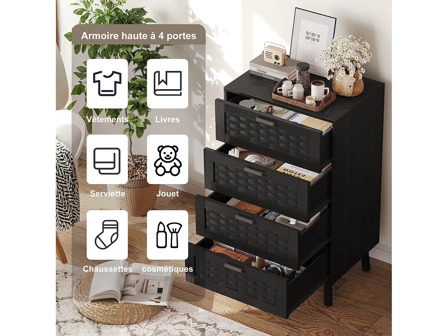 Commode en osier à 4 tiroirs - avec poignées et pieds - 55 x 39,8 x 95 cm - meuble de rangement - noir