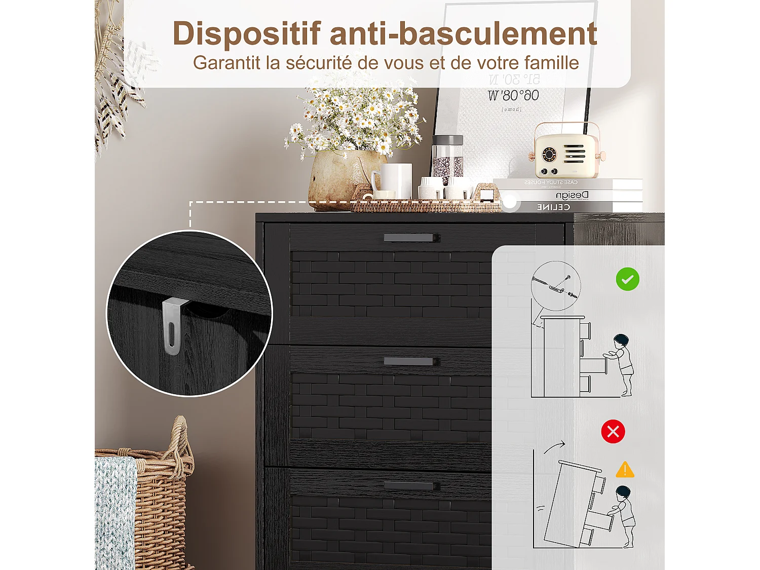 Commode en osier à 4 tiroirs - avec poignées et pieds - 55 x 39,8 x 95 cm - meuble de rangement - noir