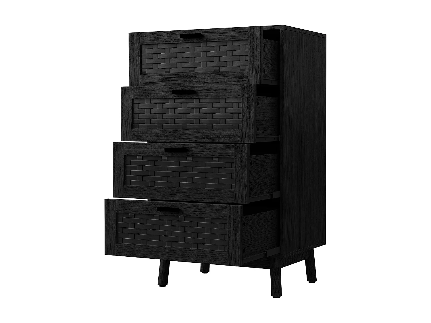 Commode en osier à 4 tiroirs - avec poignées et pieds - 55 x 39,8 x 95 cm - meuble de rangement - noir