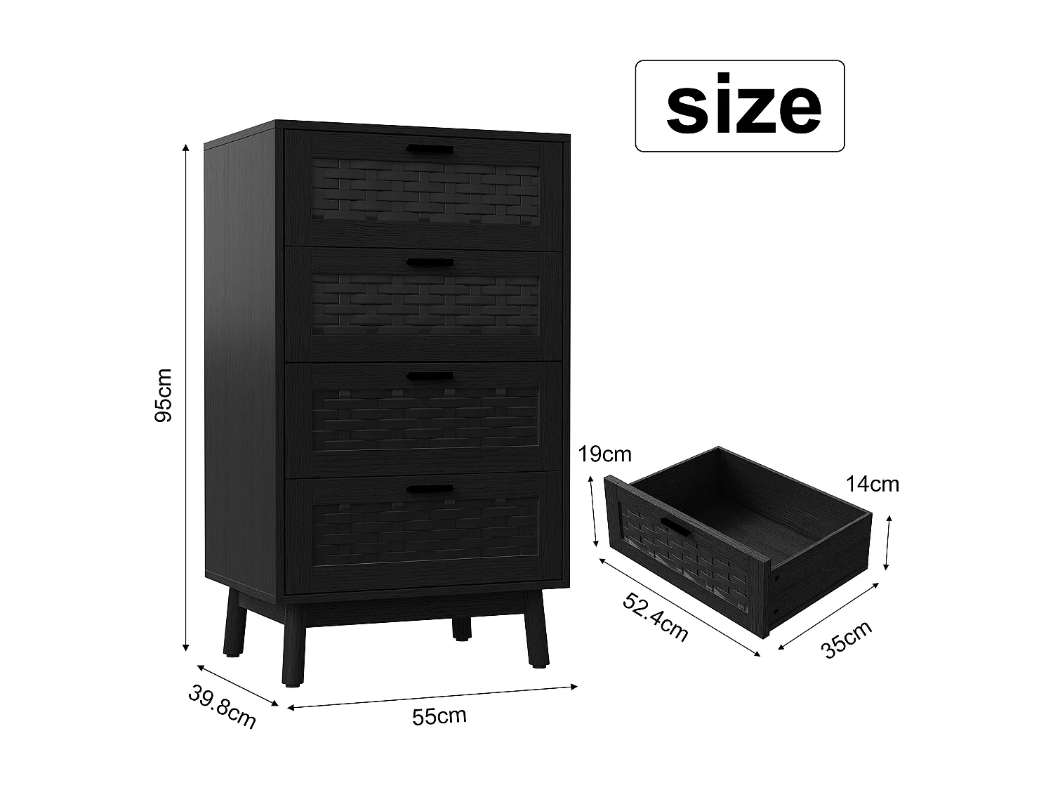 Commode en osier à 4 tiroirs - avec poignées et pieds - 55 x 39,8 x 95 cm - meuble de rangement - noir