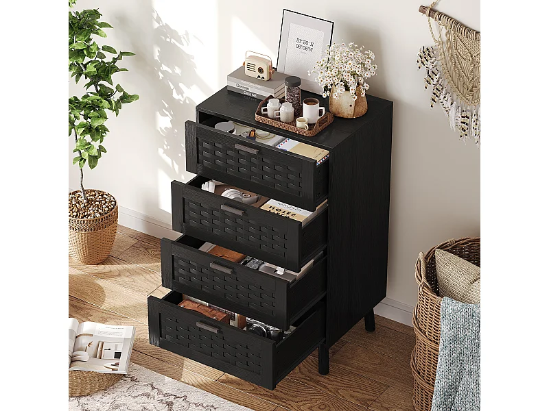 Commode en osier à 4 tiroirs - avec poignées et pieds - 55 x 39,8 x 95 cm - meuble de rangement - noir