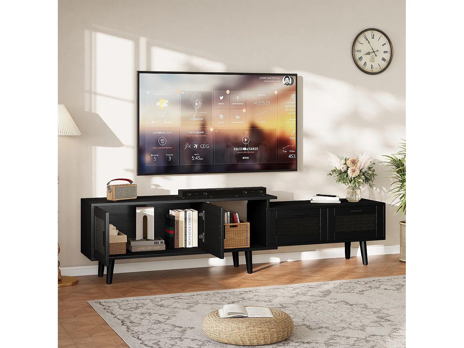 Meuble TV 169 cm, buffet bas en rotin pour téléviseurs 75 pouces, table TV avec 1 porte, 2 tiroirs, pieds en bois massif