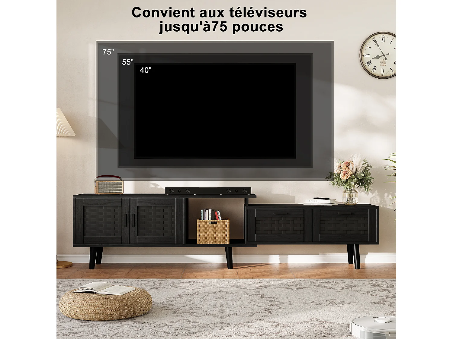 Meuble TV 169 cm, buffet bas en rotin pour téléviseurs 75 pouces, table TV avec 1 porte, 2 tiroirs, pieds en bois massif