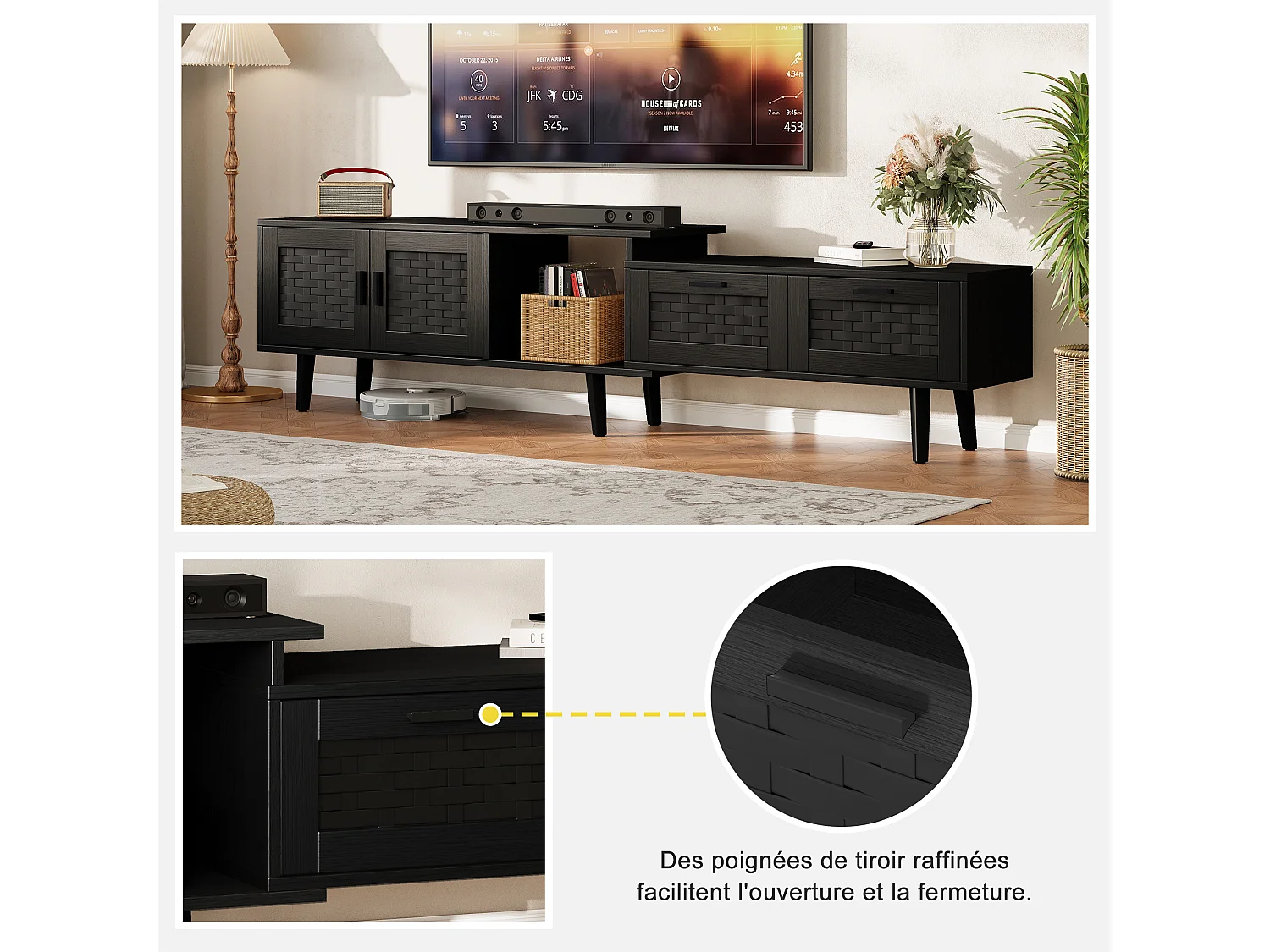 Meuble TV 169 cm, buffet bas en rotin pour téléviseurs 75 pouces, table TV avec 1 porte, 2 tiroirs, pieds en bois massif