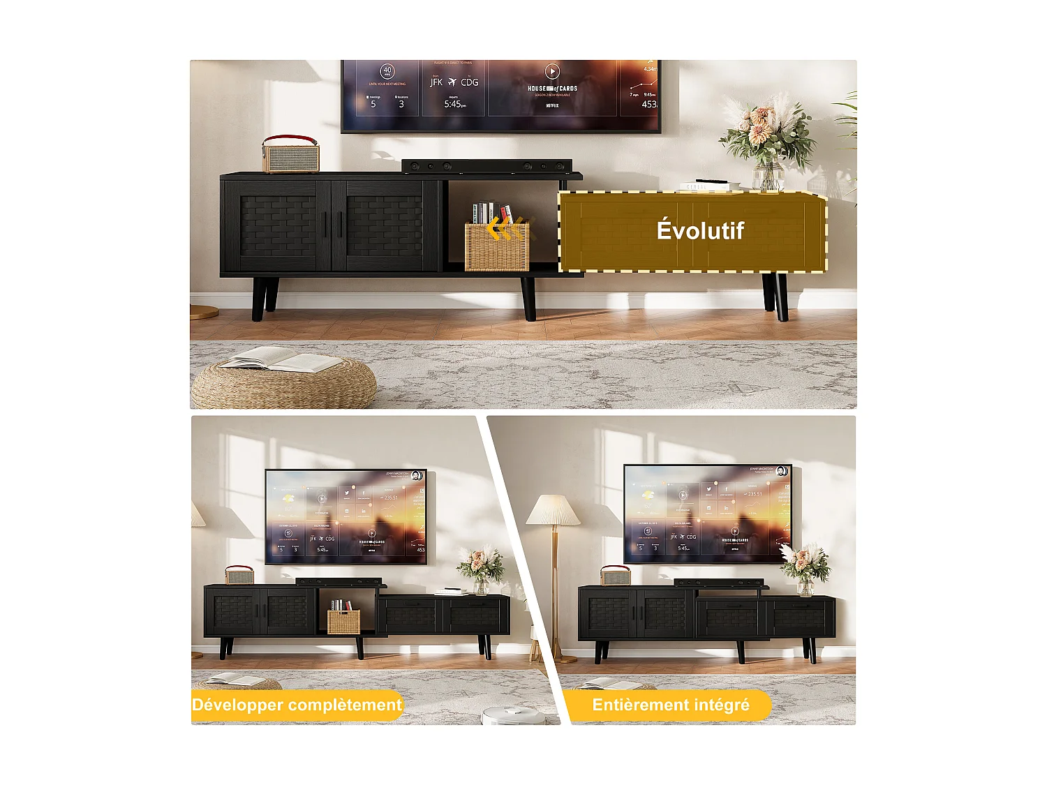 Meuble TV 169 cm, buffet bas en rotin pour téléviseurs 75 pouces, table TV avec 1 porte, 2 tiroirs, pieds en bois massif