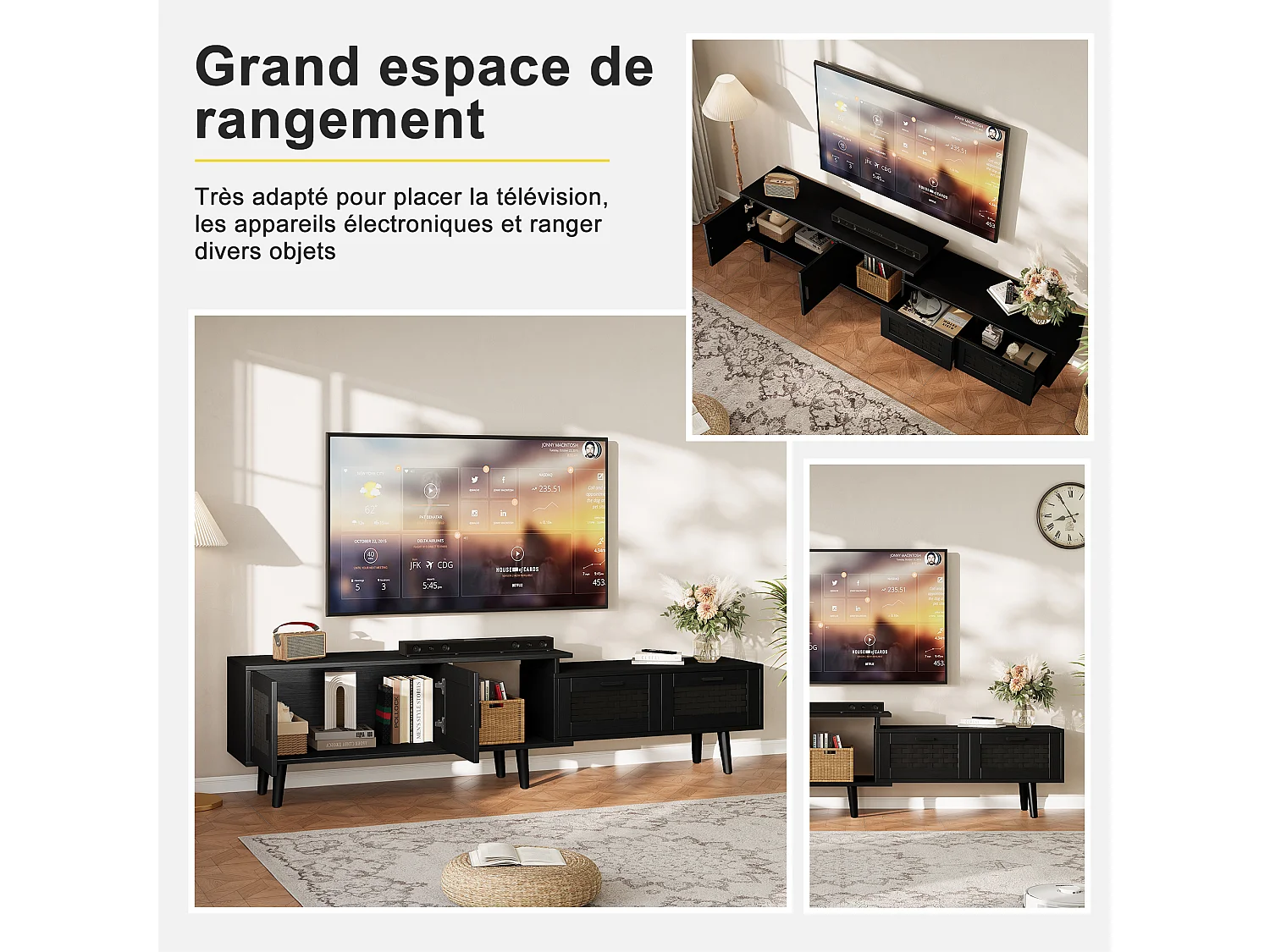 Meuble TV 169 cm, buffet bas en rotin pour téléviseurs 75 pouces, table TV avec 1 porte, 2 tiroirs, pieds en bois massif