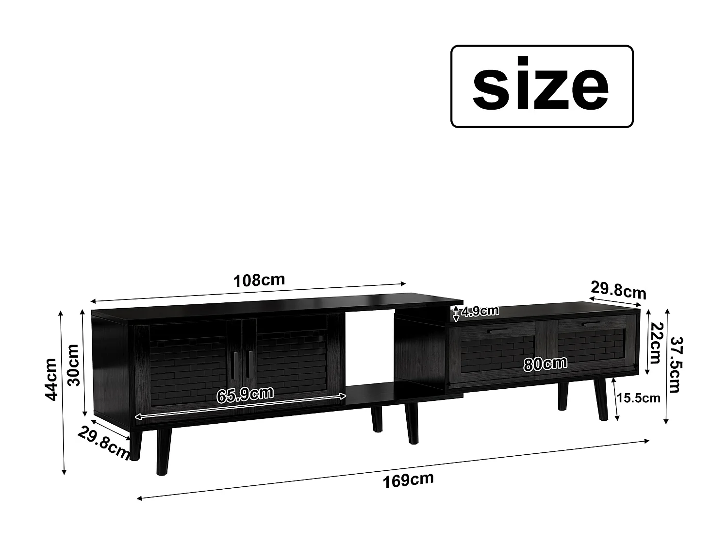 Meuble TV 169 cm, buffet bas en rotin pour téléviseurs 75 pouces, table TV avec 1 porte, 2 tiroirs, pieds en bois massif