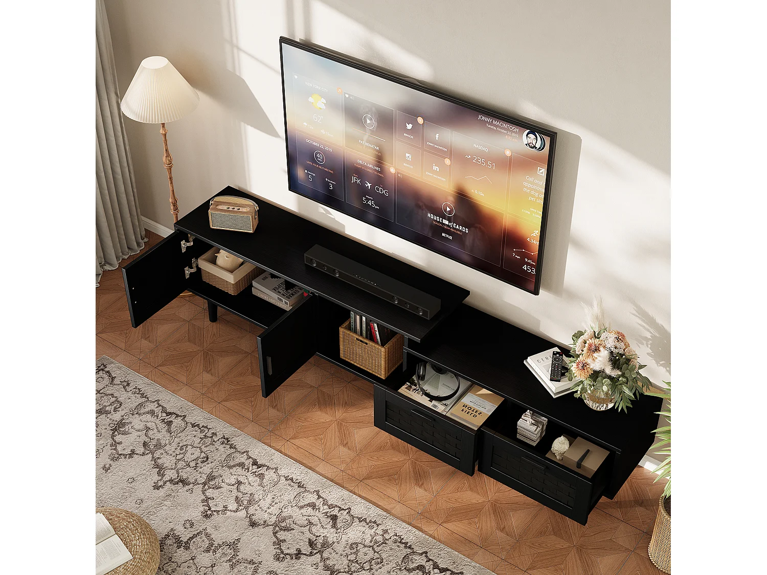 Tv-meubel van 169 cm, 75 inch rotan tv-kast, tv-tafel met 1 deur, 2 lades, massief houten poten