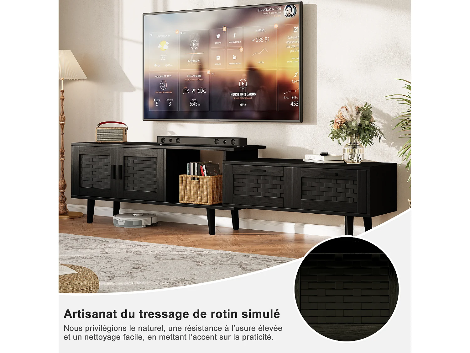 Tv-meubel van 169 cm, 75 inch rotan tv-kast, tv-tafel met 1 deur, 2 lades, massief houten poten