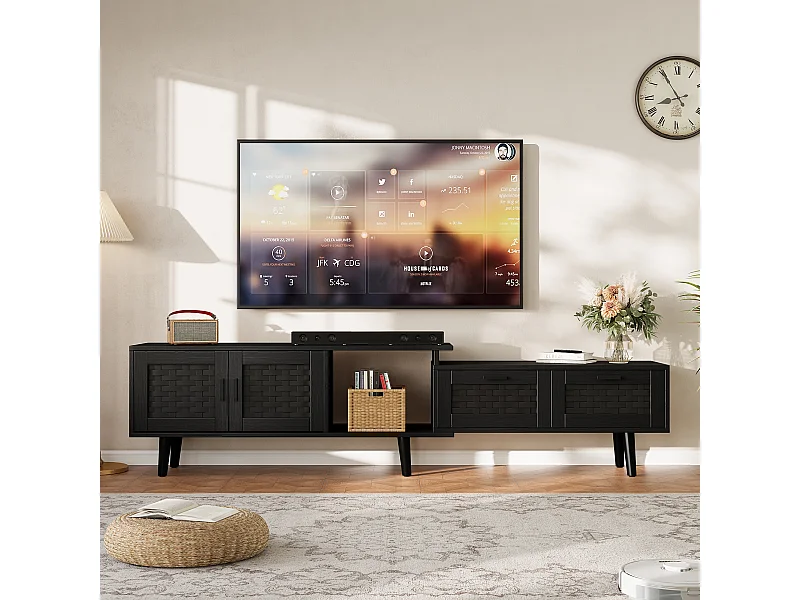 Meuble TV 169 cm, buffet bas en rotin pour téléviseurs 75 pouces, table TV avec 1 porte, 2 tiroirs, pieds en bois massif