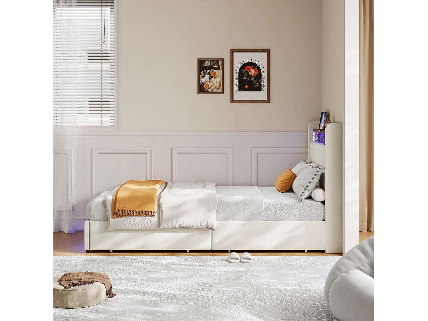 Lit simple 90x200 cm, avec interface USB/Type-C, éclairage LED, 2 tiroirs, tête de lit avec rangement, lin, beige