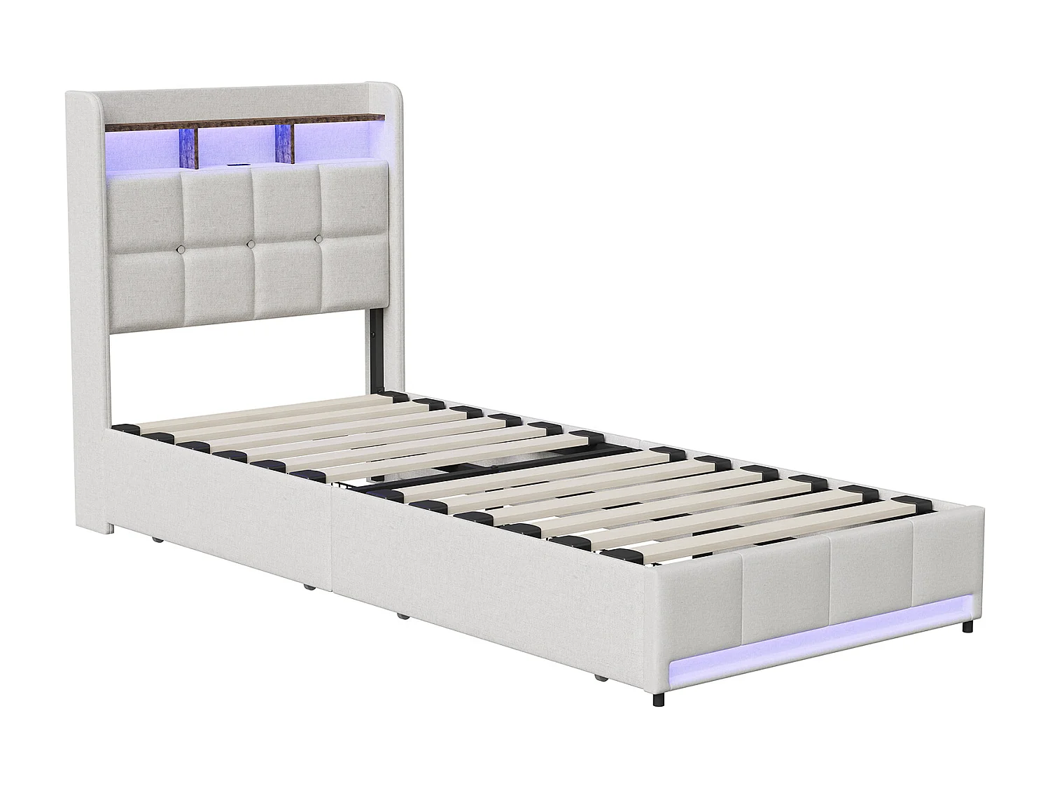 Lit simple 90x200 cm, avec interface USB/Type-C, éclairage LED, 2 tiroirs, tête de lit avec rangement, lin, beige