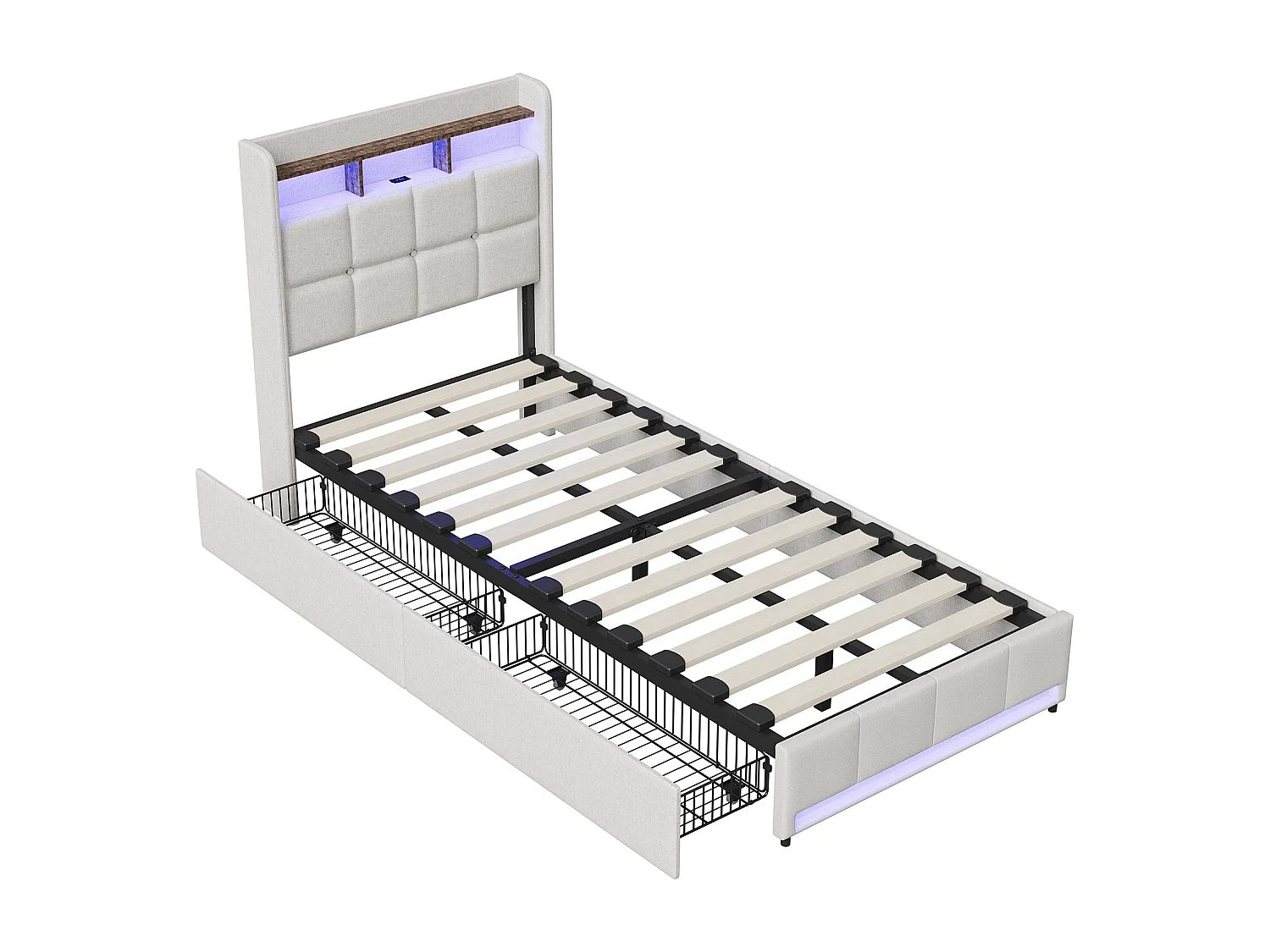 Lit simple 90x200 cm, avec interface USB/Type-C, éclairage LED, 2 tiroirs, tête de lit avec rangement, lin, beige