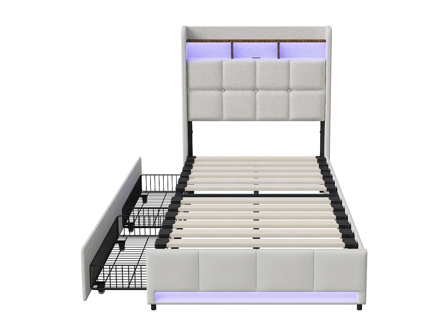 Lit simple 90x200 cm, avec interface USB/Type-C, éclairage LED, 2 tiroirs, tête de lit avec rangement, lin, beige