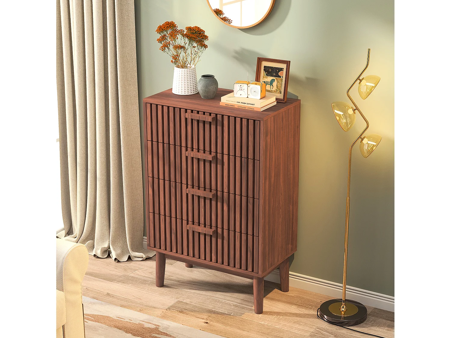 Commode à 4 tiroirs, bois, meuble de rangement avec tiroirs, pour chambre ou salon, 60 x 34 x 91 cm