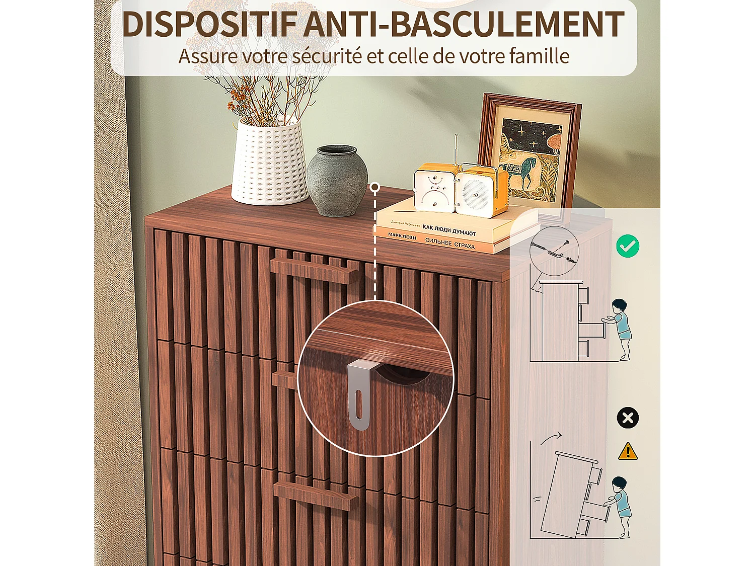 Commode à 4 tiroirs, bois, meuble de rangement avec tiroirs, pour chambre ou salon, 60 x 34 x 91 cm